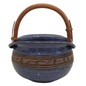 Groundhog Blue Studio Pottery Glazed Ceramic Bowl with Wood Handle Signed Basket